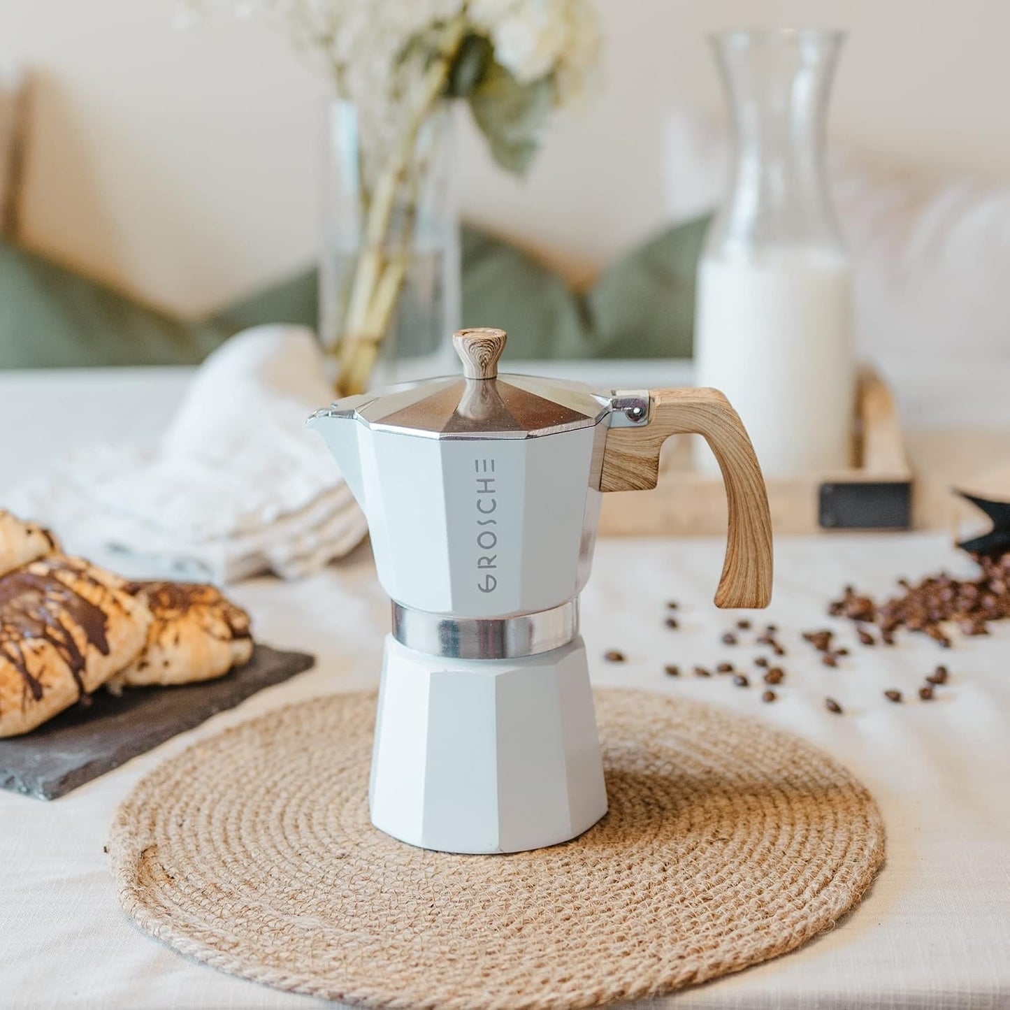 GROSCHE Milano Stovetop Espresso Maker Moka Pot 3 espresso Cup, 5 oz White | Cuban Coffee Maker And Italian Moka Pot For Stovetop Espresso; For Gas, Electric, And Propane Stoves With A Soft-Touch Handle
