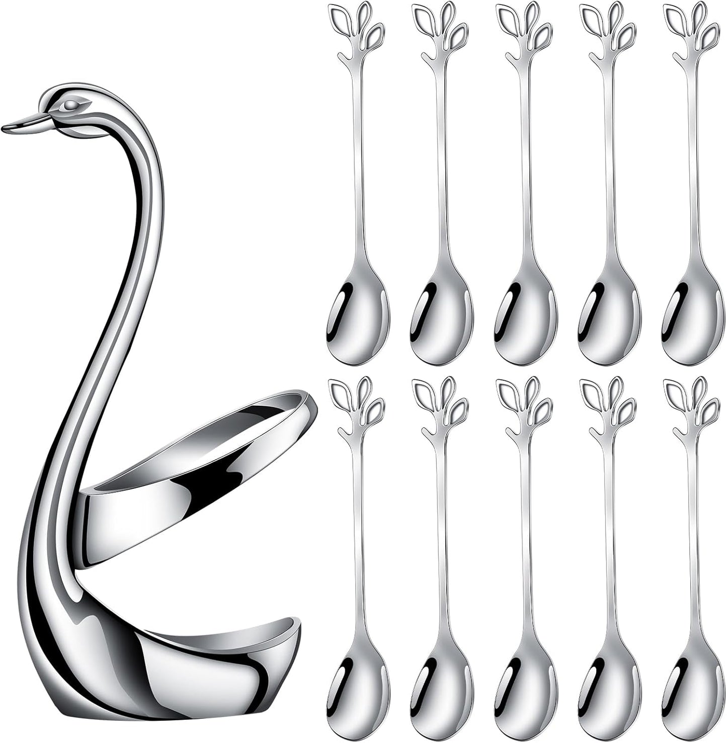 AnSaw Silver Small Coffee Spoon Holder Set,Swan Base With 10 Pcs Demitasse Espresso Spoons Set,4.7" 