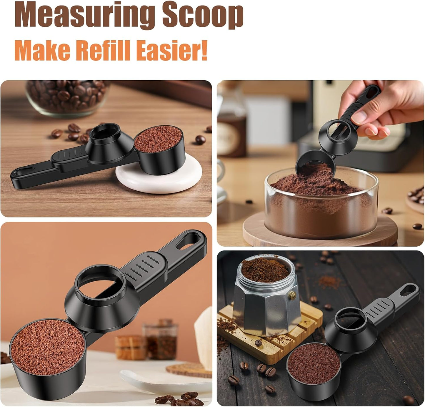 CAPMESSO Coffee Scoop & Funnel for Reusable K Cup Refillable Coffee Pods: 2 Tablespoon Coffee Measuring Scoop - Easy Slide Scoop for Ground Coffee, Protein Powder, Tea without Spilling (1 Pack)