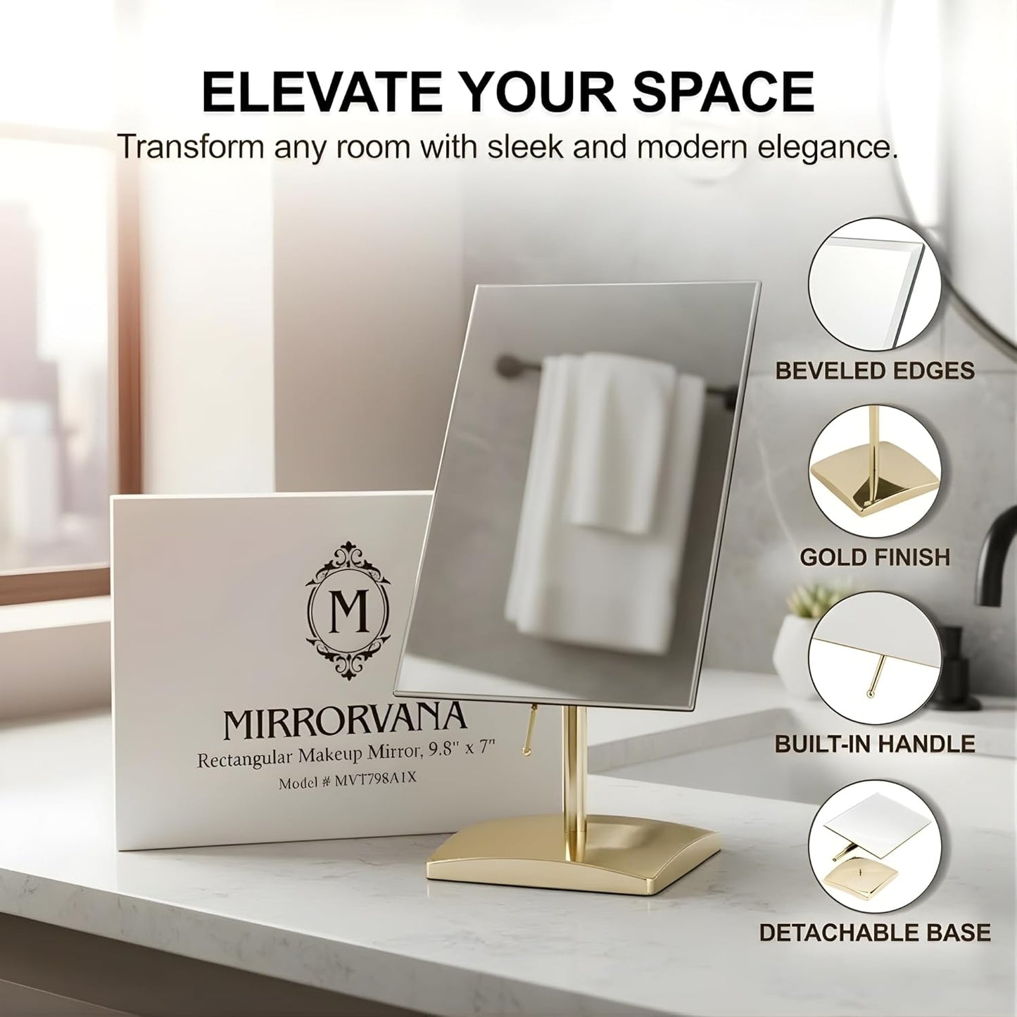 MIRRORVANA Large Free Standing Mirror, Frameless, 9.8" x 7" (Gold) | Beveled Design Elevates Bathroom, Dresser &amp; Retail Counters - Ideal for Desk, Counter, Bathroom &amp; Vanity Dressing Table