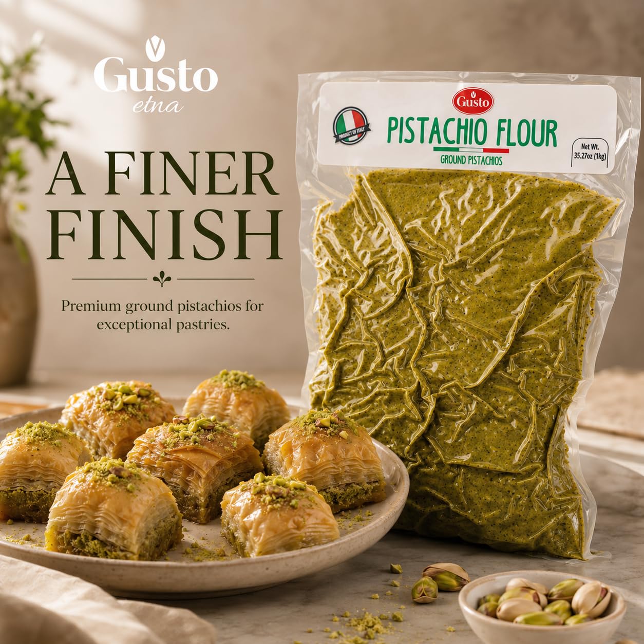 GUSTO ETNA Pistachio Flour, Fine Chopped Pistachio Flour, 2.2 lb | Gluten-Free Ground Pistachio Flour and Powder for Baking and Desserts; Vegan, Non-GMO, Product of Bronte, Sicily, Italy.