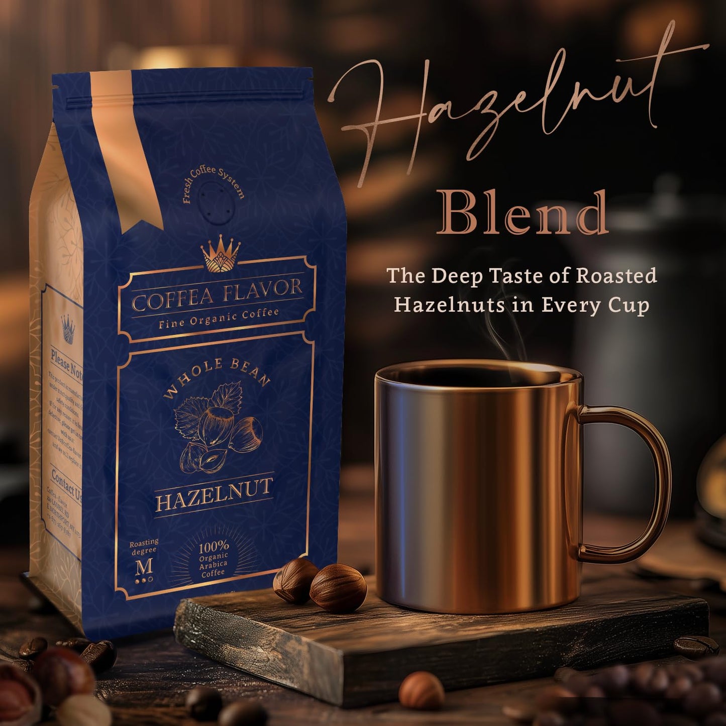 Organic Whole Bean Coffee Medium Roast (16oz) - Hazelnut Flavored | 100% Arabica, Single Origin and Low Acid - USDA Organic and Fair Trade Certified - Naturally Flavored Without Additives