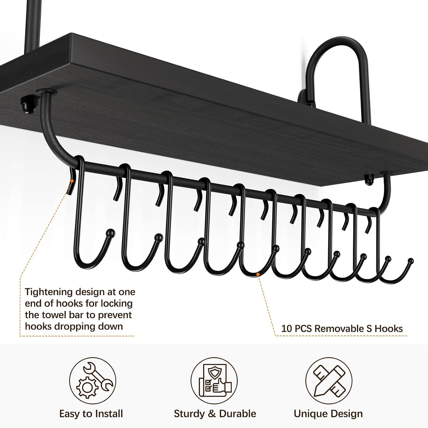 Olakee Floating Wall Shelves for Kitchen Bathroom Coffee Nook with 10 Adjustable Hooks for Mugs Cooking Utensils or Towel Rustic Storage Shelves Set of 2/17x5.9 inch (Black)
