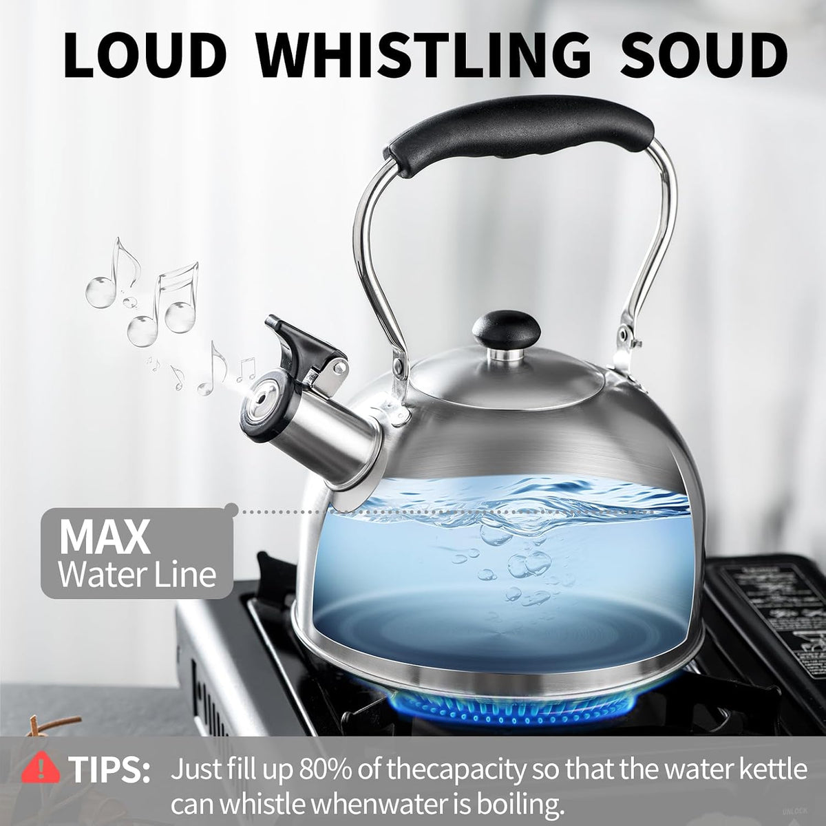 Whistling Tea Kettle – 2.64 Quart Stovetop Teapot, Stainless Steel Water Kettle for Camping &amp; Kitchen, Foldable Handle – Perfect for Coffee &amp; Tea
