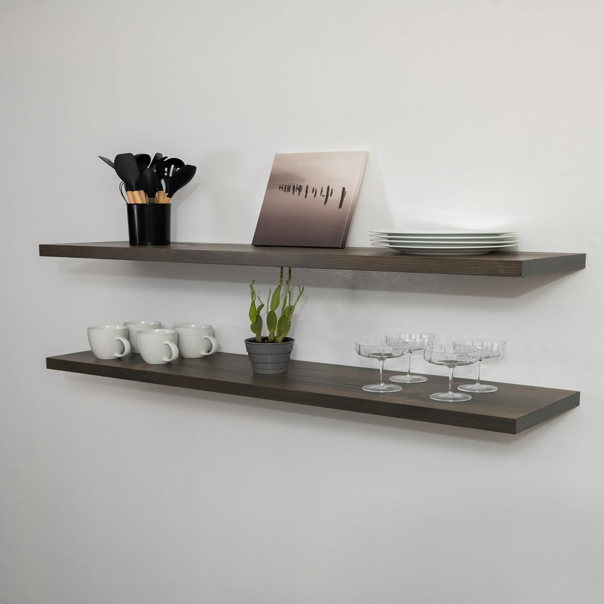 URBANDI, Rustic Floating Shelves, Set of 2, Hidden Bracket, Solid Wood, Heavy Duty, Wall Mounted Shelves, (Grey, 24Wx6D)