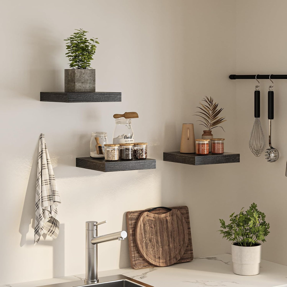 FLYJOE Square Floating Shelves for Wall, 12" W x 12" D x 1.4" H, Small Wooden Wall Mounted Display Shelves with Invisible Brackets for Living Room, Bedroom, Bathroom, Kitchen Decor, Set of 3, Black