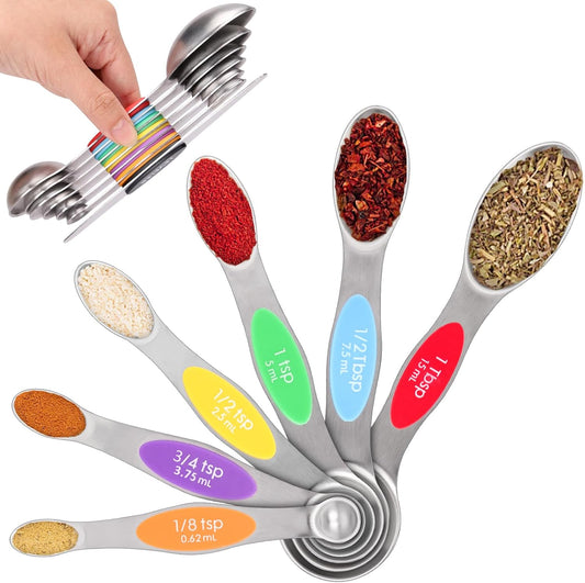 Magnetic Measuring Spoons Set - 7-Piece Stainless Steel Dual Sided Spoons with Leveler, Rustproof Nesting Design for