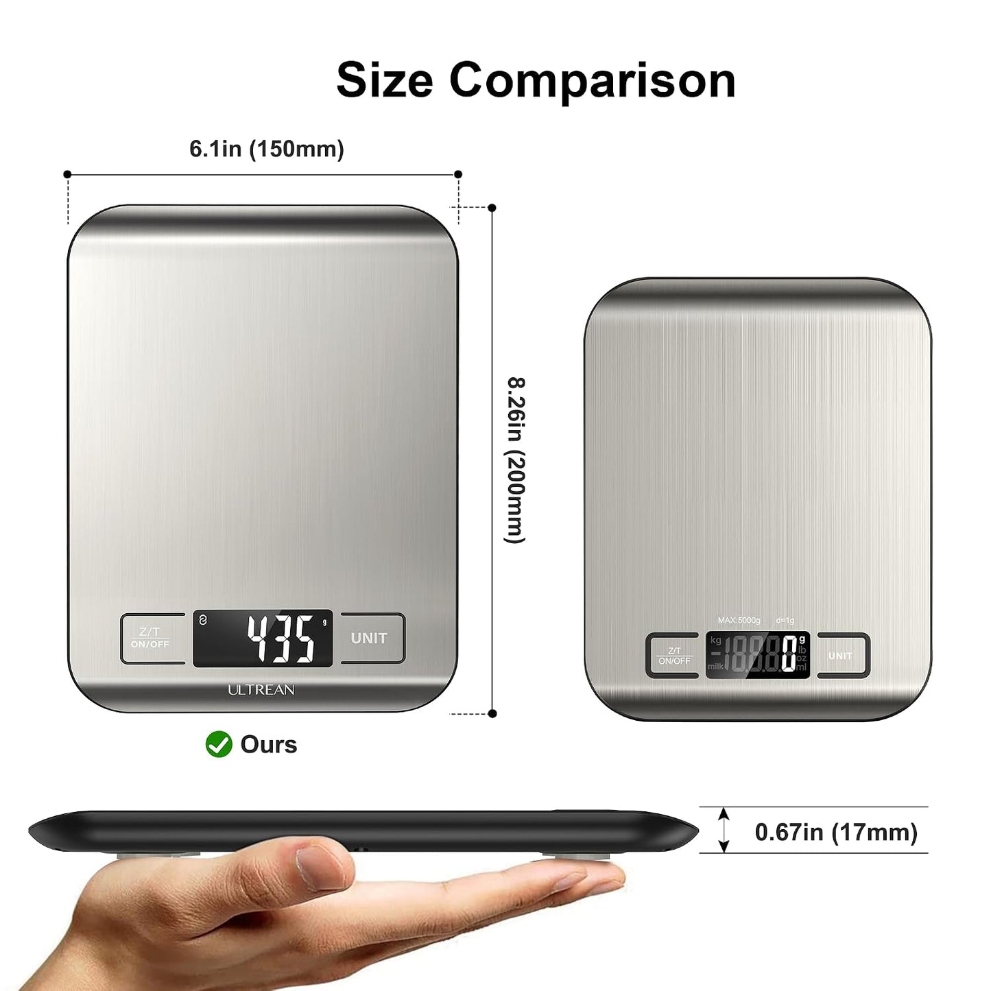 Ultrean Smart Food Kitchen Scale with Nutritional Calculator, App for Macro &amp; Calorie Tracking, AI Scan, Digital Grams and Ounces for Weight Loss, Rechargeable, Stainless Steel, 33lb /15kg