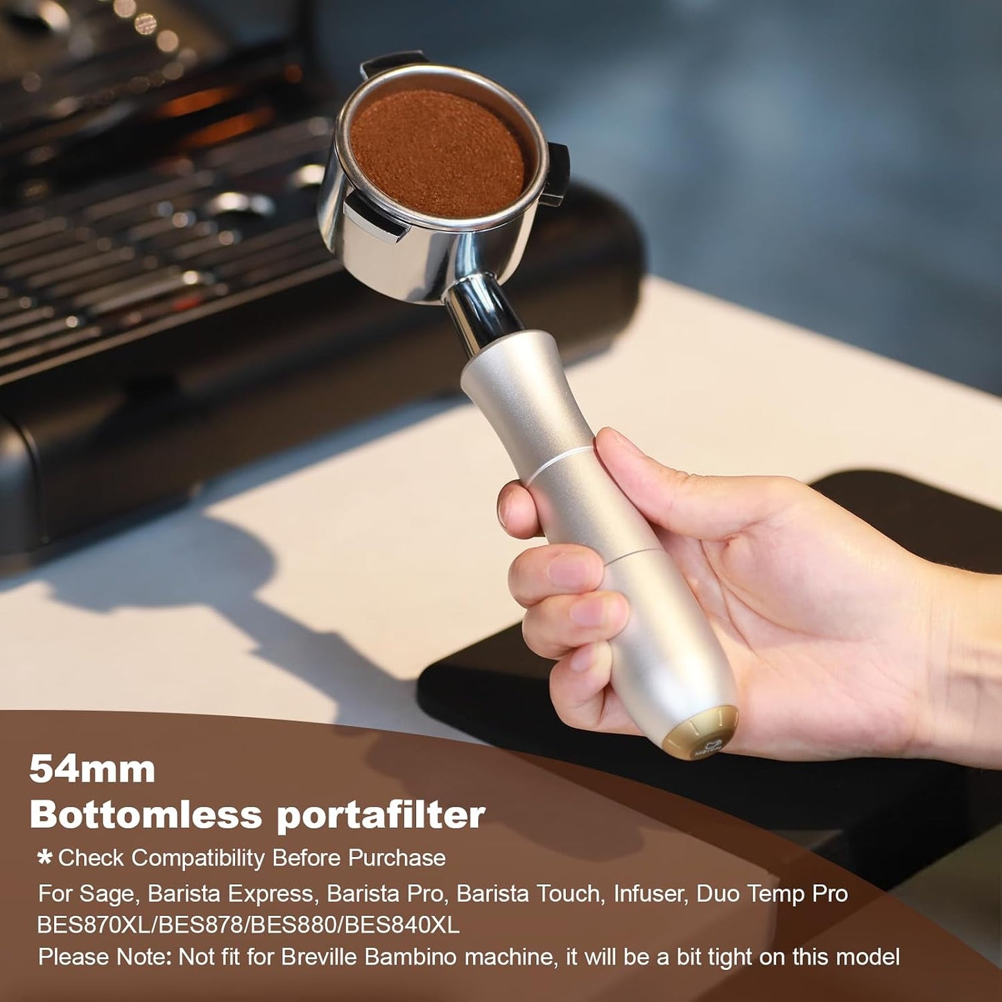 MEION 54mm Bottomless Portafilter with Anodized Aluminum Handle for Breville Barista Express, Barista Pro, Sage, BES870XL, BES878, BES880, Espresso Portafilter with 18g Filter Basket &amp; Puck Screen