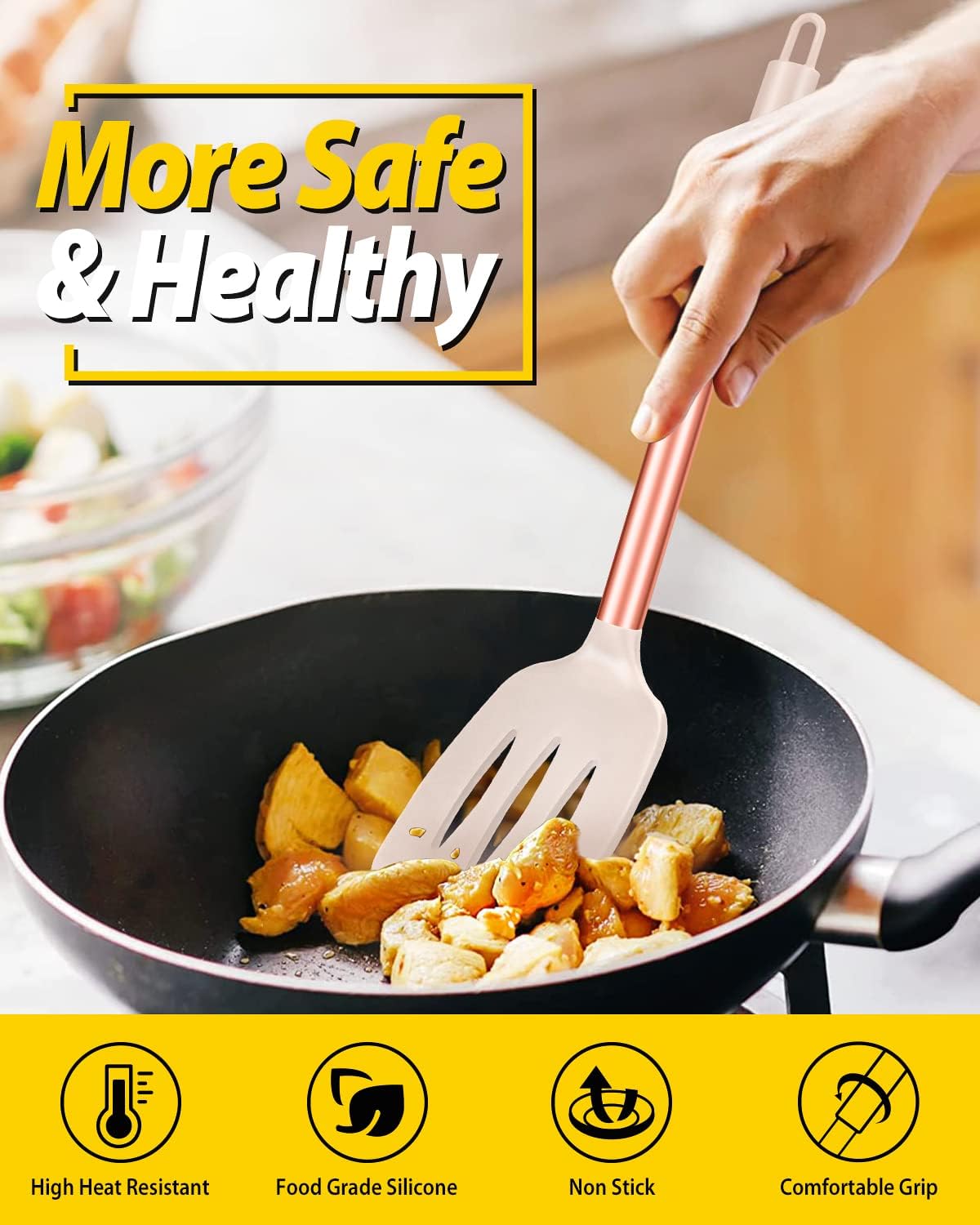 Pack of 2 Silicone Solid Turner, Non Stick Slotted Kitchen Spatulas, High Heat Resistant BPA Free Cooking Utensils, Ideal Cookware for Fish, Eggs, Pancakes(Rose Gold Khaki)