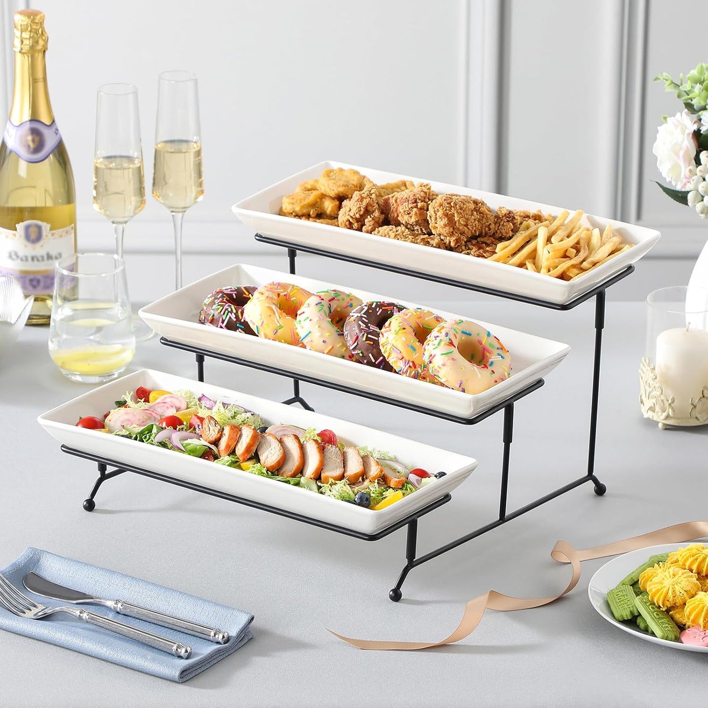 MALACASA 3 Tier Serving Trays, White Porcelain Serving Platters, 14 Inch | Tiered Cupcake Stand for Party, Fruit Tray, Trays for Serving Food, Dessert Stand with Collapsible Sturdier Metal Rack