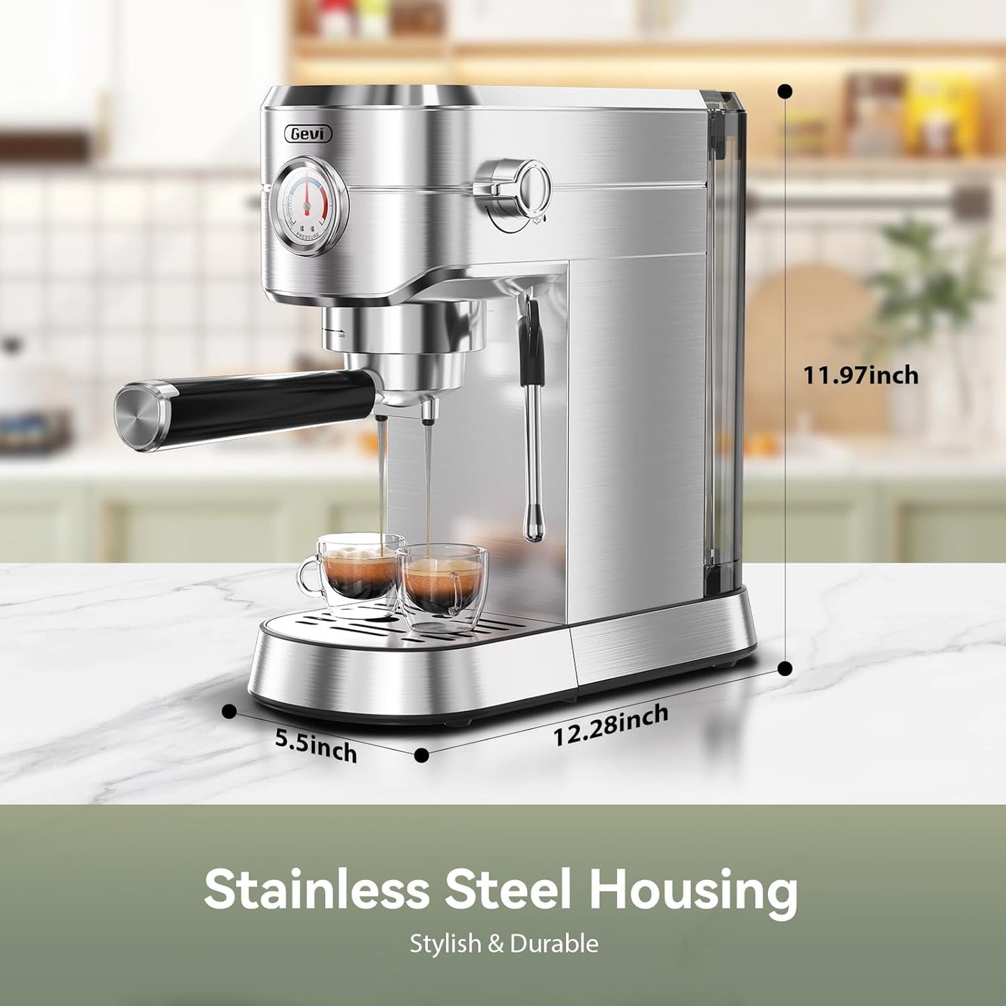 Gevi 20 Bar Compact Espresso Machine for Home,Latte、Cappuccino Coffee Maker | BPA-free;34oz Water Tank;Built-in Pressure Gauge;with Compatible Accessories;Can Make Americano;Easy to Clean;with Steam Wand