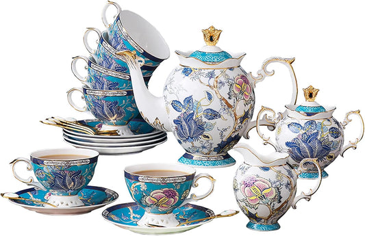 ACMLIFE Tea Sets for Adults for 6, Blue Tea Set with Cups, Fine Bone China 24K Gold, Tea Pot and Cups Set, Vintage British