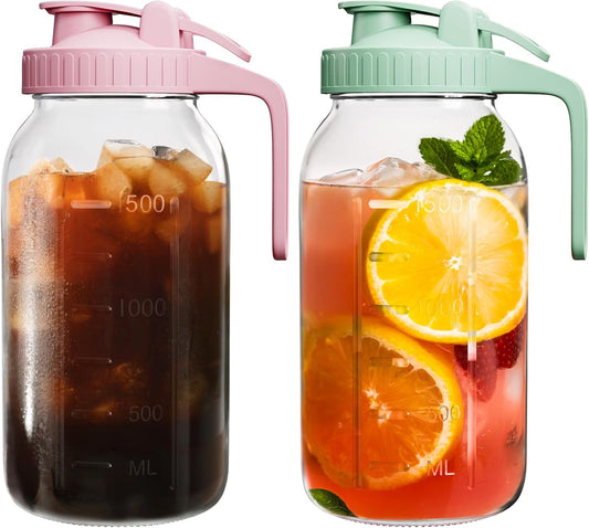 | 2 Pack | 64oz Glass Pitcher with Lid and Spout, 2 Quart (1.9 Liter) Mason Jar Pitcher Wide Mouth, Airtight Water Jug for