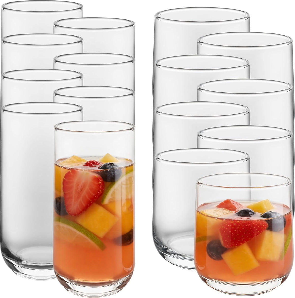 Libbey Ascent Tumbler &amp; Rocks Drinking Glasses Set of 16, Clear Glass Cups | 16.25 oz &amp; 12.25 oz Capacities Glasses for Water, Juice, Cocktails, and More with Curved Design and Dishwasher-Safe Care