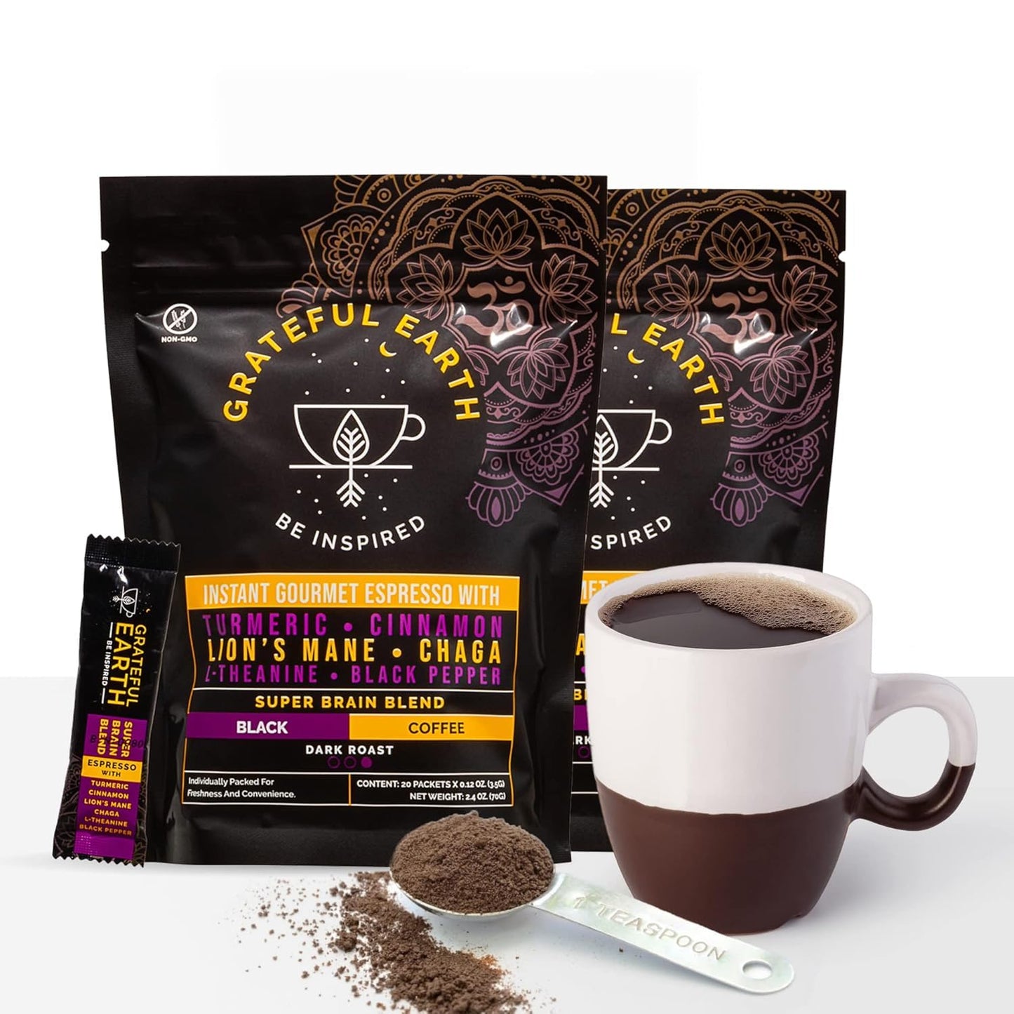 Grateful Earth Instant Espresso Coffee With Lion's Mane, 20 Packets | Turmeric, Chaga, L-Theanine, Dark Roast, Non GMO, Focus, Energy, Immune Support &amp; Gut Health, Dairy &amp; Gluten Free