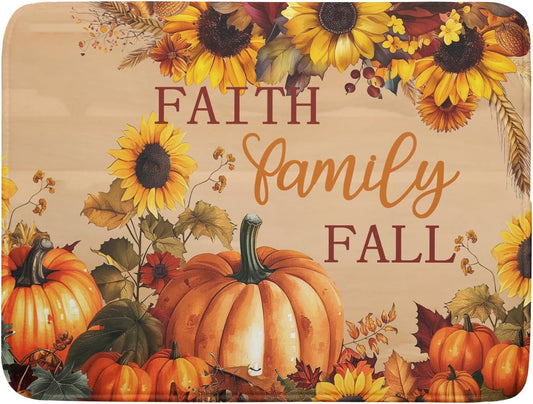 Fall Pumpkin Sunflower Dish Drying Mat 18”x24” Faith Family Fall Drying Mat for Kitchen Counter Absorbent Autumn Orange