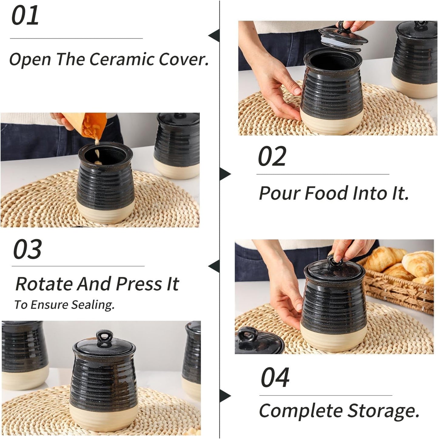 Ceramic Food Storage Jars,25 Oz Porcelain Kitchen Canisters with Airtight Lids Set of 3,Flour Containers for Countertop,Farmhouse Decor Serving Ground Coffee,Tea,Sugar,Pasta and Rice,Black＆White