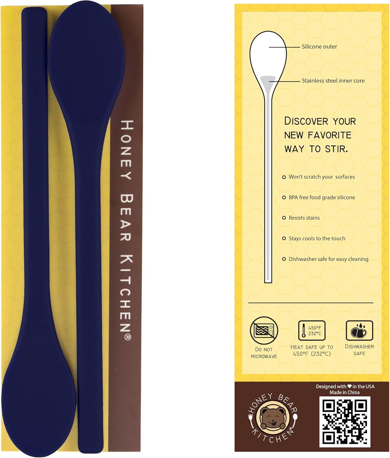 Honey Bear Kitchen Silicone Coffee Tea Drink Stirrer, Set of 2 (Midnight Indigo)