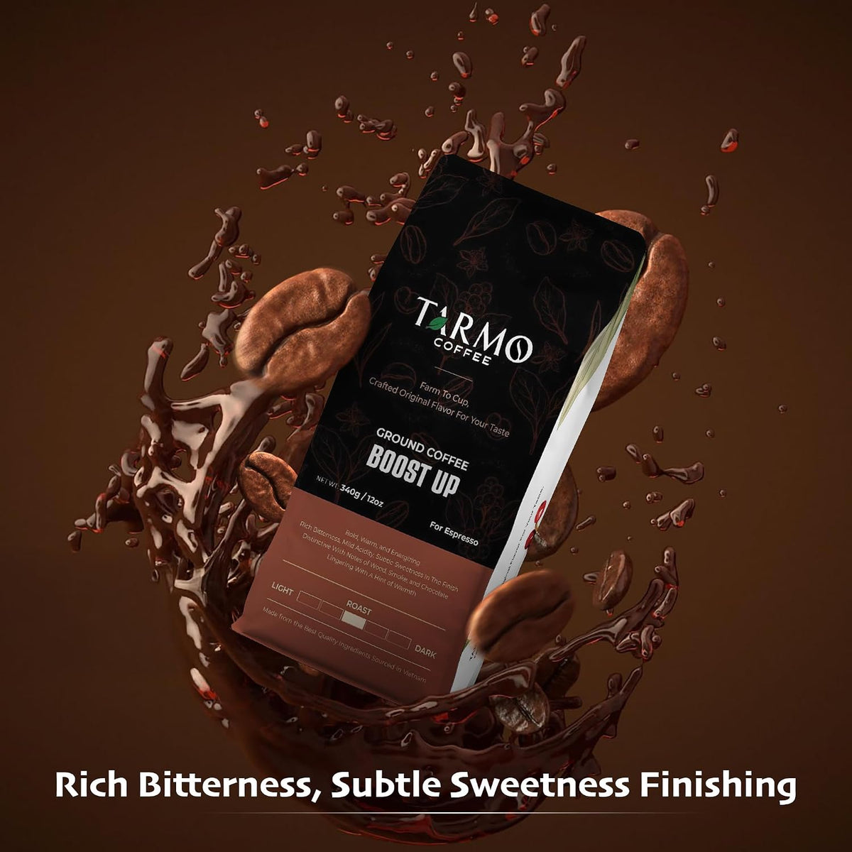 TARMO -BOOST UP | Low Acid ARABICA &amp; ROBUSTA BLEND Ground Coffee | Specialty Vietnamese Coffee | Single Origin - Dark Roast | High Caffeine Coffee Ground | 12 Oz Bag