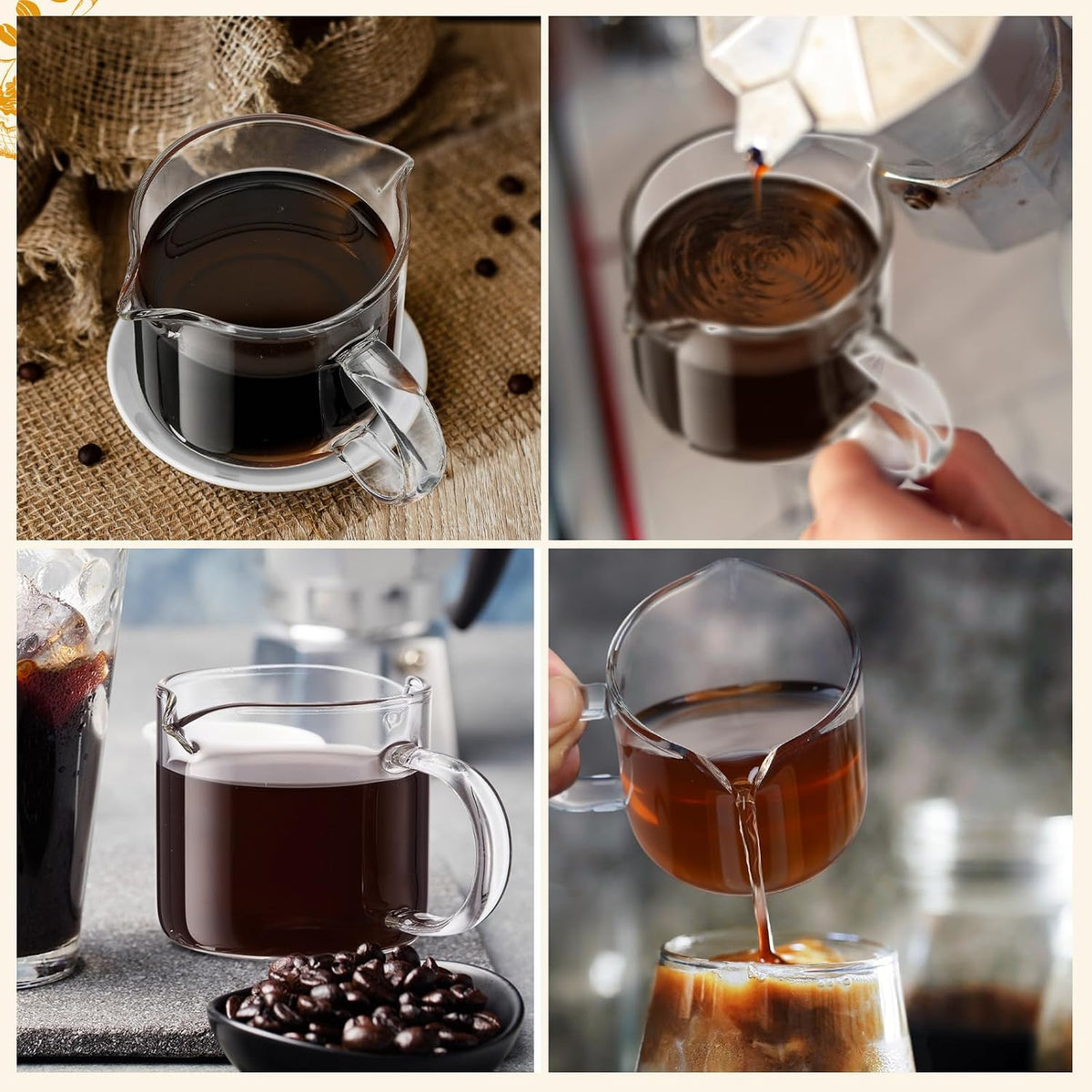 Patelai 2 Pack Espresso Cups, Clear Espresso Shot Glass 180ml/6oz | Glass Cups with Handle, Dual Pour Spouts for Precise Shots, Milk Frothing, Coffee Accessories, Fits Espresso Machines