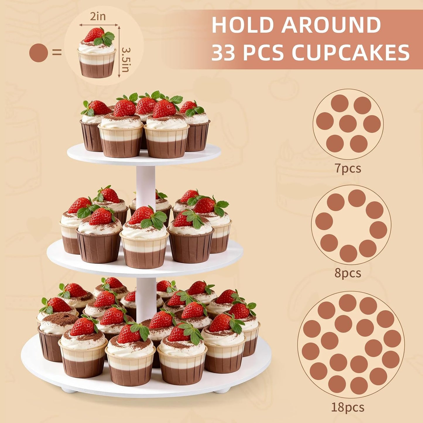 VIVIRBIEN 3-Tier Wood Cupcake Stand: 12in White Round stand for cupcake | Holds up to 33 Cupcakes-Easy to Assemble with Instruction-Tiered Cake Stand-Ideal For Wedding/Party/Birthday/Home Decor