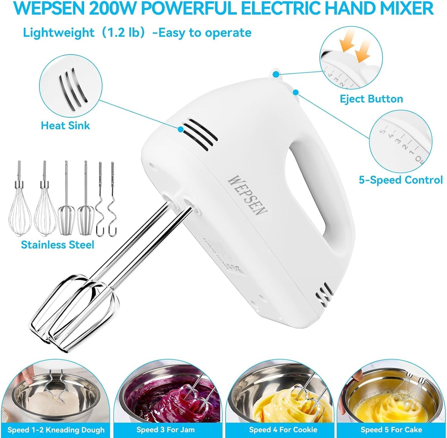 WEPSEN Hand Mixer Electric Mixing Bowls Set, 5 Speeds Handheld Mixer with 4 Nesting Stainless Steel Mixing Bowl, Measuring Cups Spoons 200W Kitchen Blender Whisk Beater Baking Supplies For Beginner