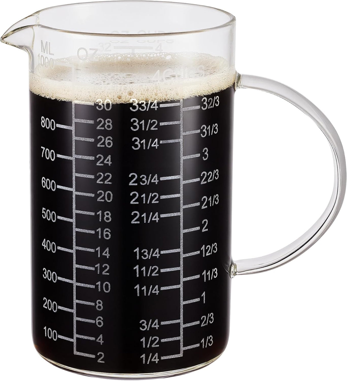 Ackers Mirror Etching Scale Glass Measuring Cup-[Insulated handle | V-Shaped Spout]-Made of High Borosilicate Glass Measuring Cup for Kitchen or Restaurant, Easy to Read, 1000 ML (32 Oz, 4 Cup)