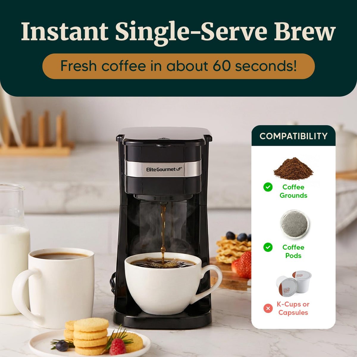 Elite Gourmet EHC113 Personal Single-Serve Compact Coffee Maker, Black