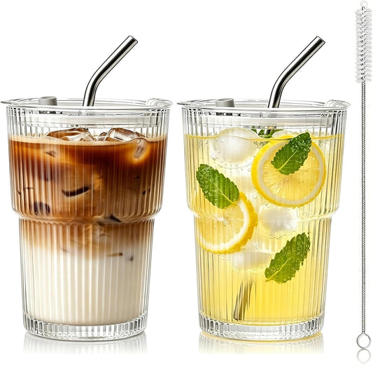 13oz Iced Coffee Cups with Lids and Straws, Thicken Glass Cups, 2 PCS | Dishwasher Safe &amp; Leak Proof Glass Tumbler for Coffee Tea Juice Matcha, Drinking Glasses Set Fits Most Car Cup Holders