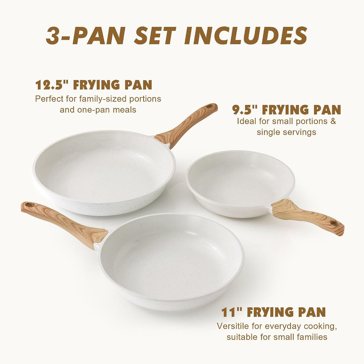 SENSARTE Nonstick Frying Pan Skillets, White Ceramic Coating Omelette Pans, Healthy Cookware Chef's Pan, Free of Intentionally Added PTFE & PFAS (9.5+11+12.5 Inch)