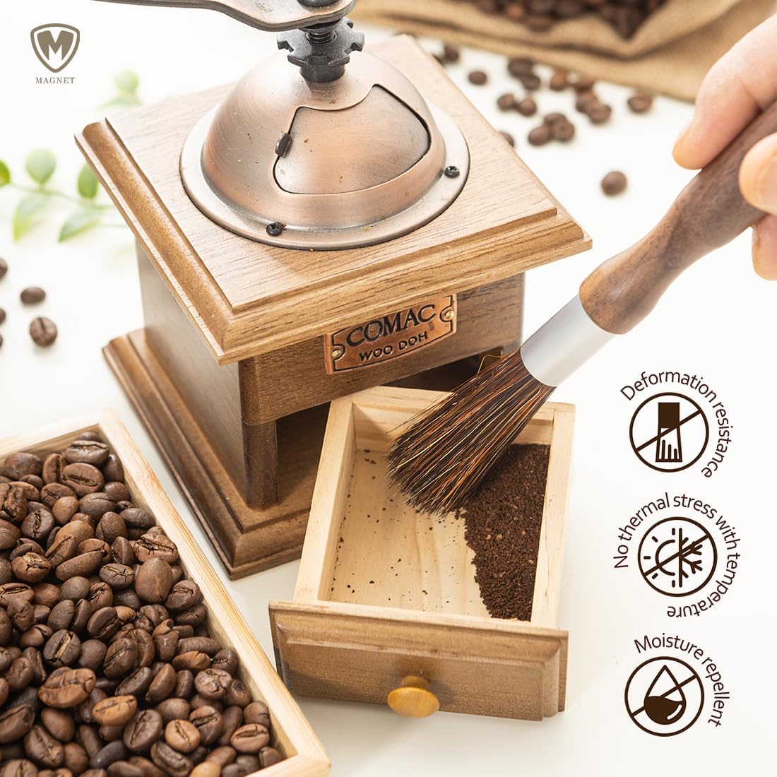 Magnet Professional Coffee Grinder Cleaning Brush Coffee Brush Handling Accessory Tool Walnut Brush Handle Natural Bristle with Magnetic snap for Camping Home Kitchen Barista
