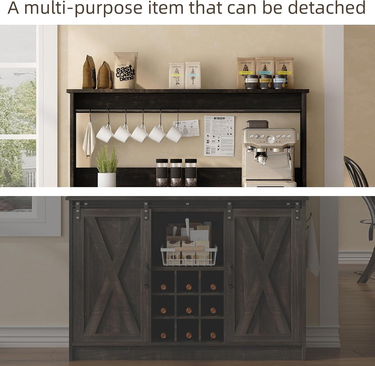 4ever2buy 47" Coffee Bar Cabinet with Storage Hutch &amp; Wine Rack, Oak