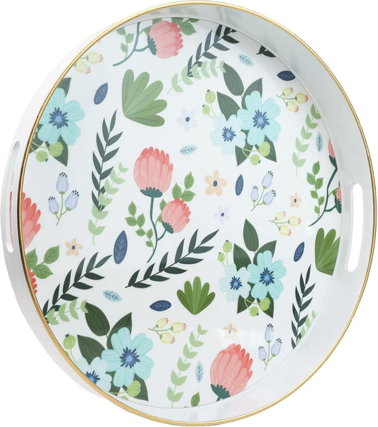 Round Serving Tray with Handles, Modern Floral Pattern, Perfect for Coffee Table, Ottoman, or Vanity, Lee33wh Color, Plastic