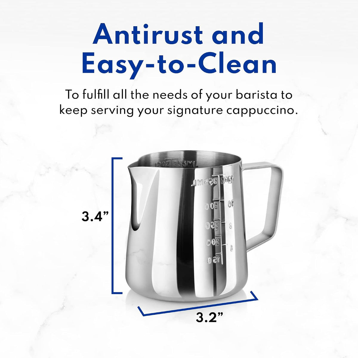 New Star Foodservice 28805 Stainless Steel Frothing Pitcher, 12 oz Espresso Milk Steaming Cup with Measurement Scale, Commercial Grade 18/8 Barista Pitcher for Lattes, Cappuccinos, Coffee, Silver