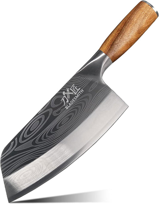 Cleaver Knife, Chinese Chef's slicing Knife, Razor sharp HC German Stainless Steel blade with lasered damascus pattern,