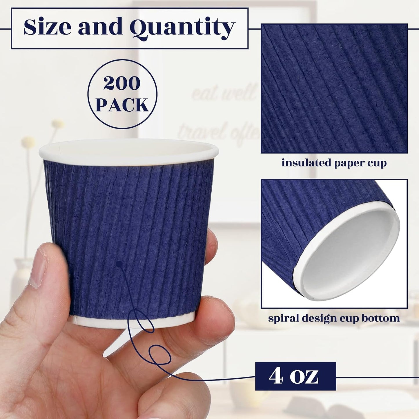 Yaomiao 200 Pcs 4 oz Disposable Espresso Coffee Cups, Blue | Ripple Corrugated Paper, Insulated, Hot Cups for Party, Cold Drinks Hot Beverage Tea