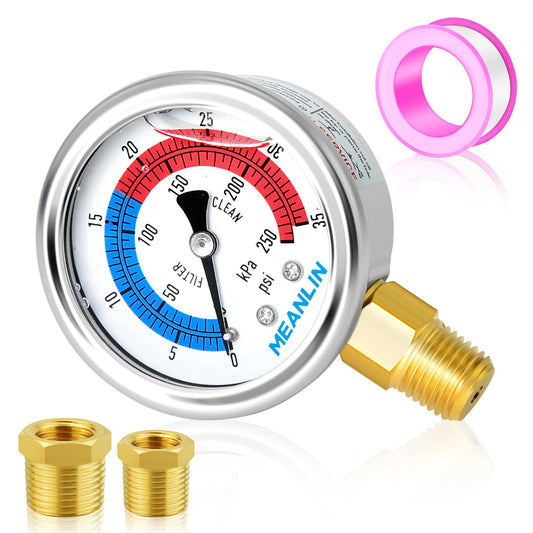 MEANLIN MEASURE 1/4" NPT 0-35psi Pressure Gauge, 2" Dial Glycerine Filled Pool Filter, 304 Stainless Steel Housing, Lower