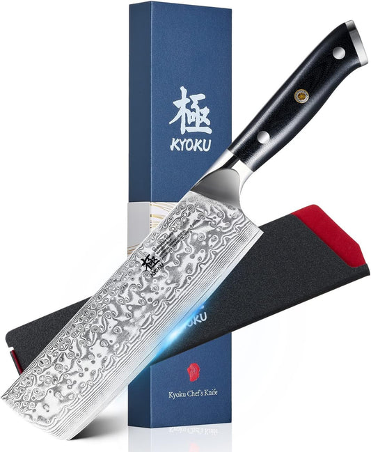 KYOKU Gin Series Nakiri Knife, 7" Vegetable Knife, Japanese VG10 Damascus Stainless Steel Kitchen Knife with Silver Ion