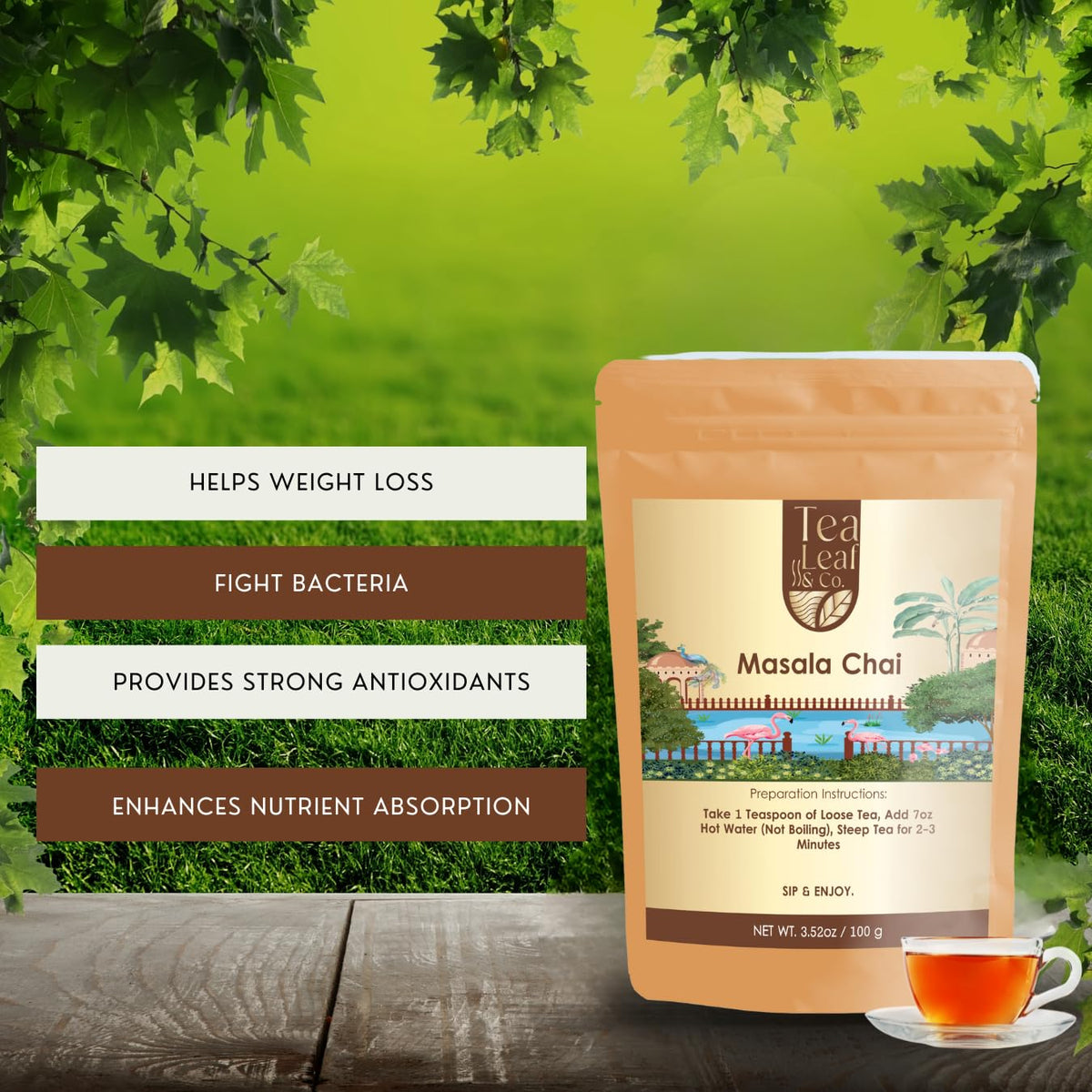 Tealeaf &amp; Co. Masala Chai - Loose Leaf Black Tea Blended with Organic Spices (Ginger, Cardamom, Black Pepper &amp; Cloves Whole Organic) - Low Caffeine (3.52oz/100gm)
