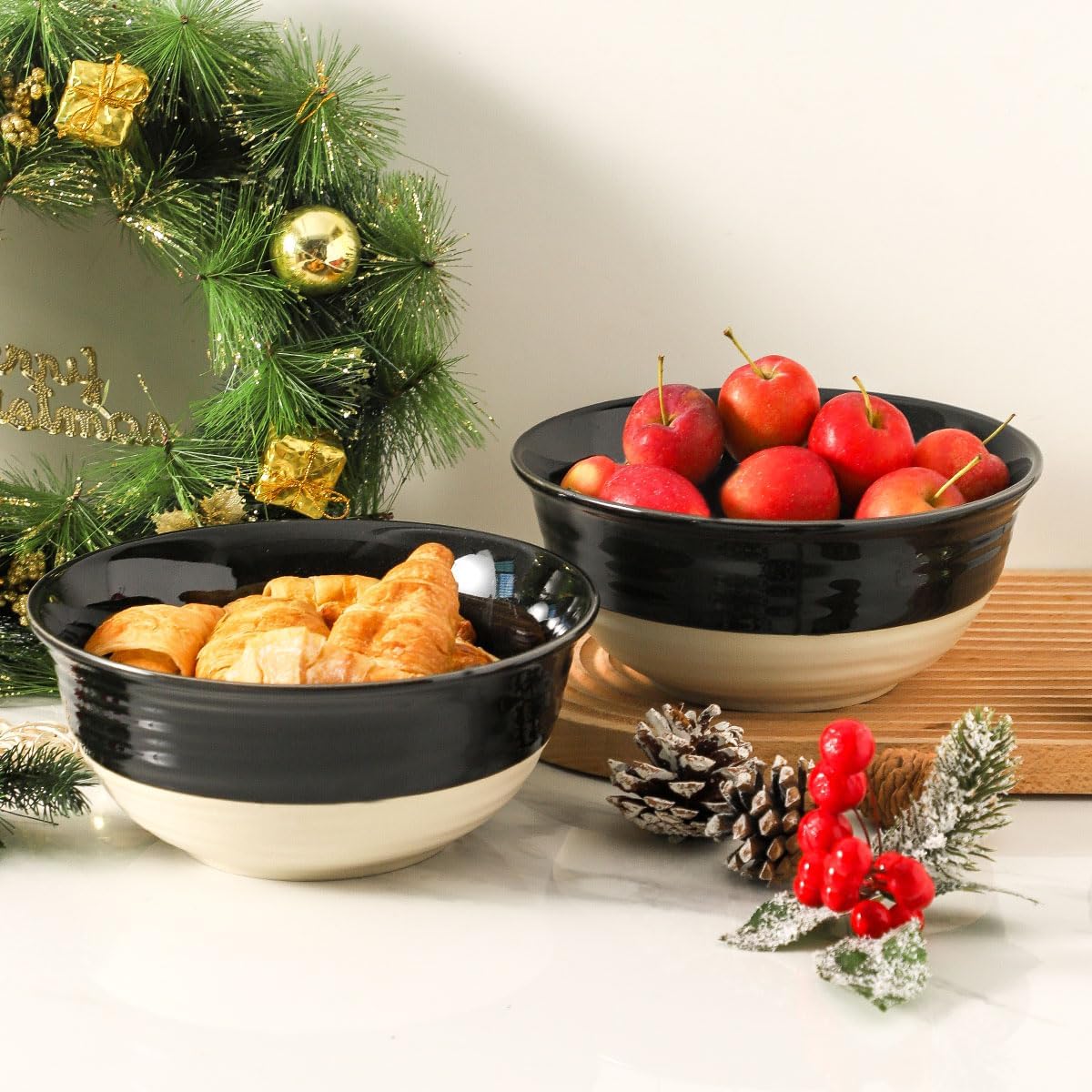 HASENSE Large Porcelain Serving Bowls Set of 2, 60 Oz 8.5 Inch Black &amp; Beige Stoneware Mixing Bowls, Farmhouse Bowls for Salad, Soup &amp; Pasta, Dishwasher &amp; Microwave Safe