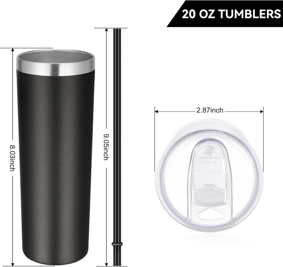 VEGOND Stainless Steel Tumblers Bulk 6 Pack, 20 oz Vacuum Insulated Skinny Tumblers with Lid and Straw, Double Wall Coffee Mug, Travel Water Cup, Black