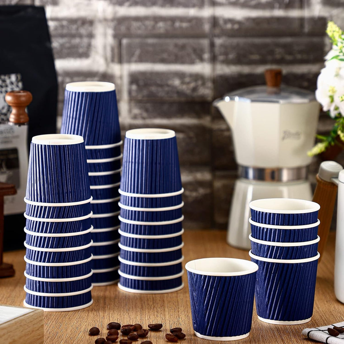 Yaomiao 200 Pcs 4 oz Disposable Espresso Coffee Cups, Blue | Ripple Corrugated Paper, Insulated, Hot Cups for Party, Cold Drinks Hot Beverage Tea