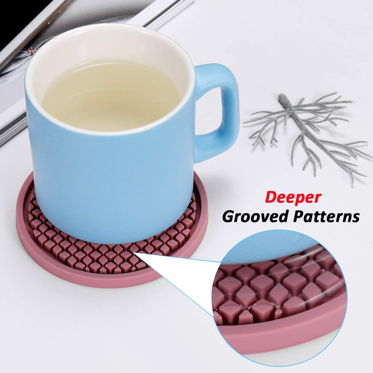 ME.FAN Silicone Coasters [6 Pack] Thickened Drink Coasters with Holder - Cup Mat - Non-Slip, Non-stick, Stay Put, Deep Tray - Prevents Furniture and Tabletop Damages(Coffee)