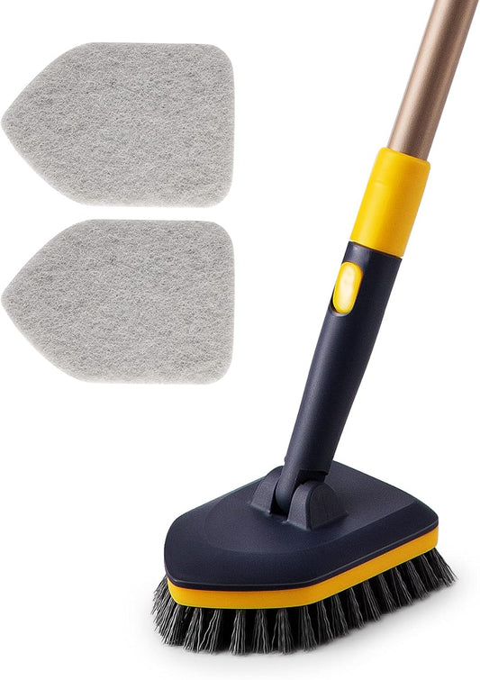 Yocada Tub Tile Scrubber Brush 2 in 1 Cleaning Brush 58.2 Inch Adjustable Telescopic Pole Stiff Bristles Scouring Pads for