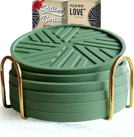 Silicone Coasters Set of 6 with Holder - Unique and Modern Pattern for Coffee Table Decor, Help to Prevents Liquid Dripping