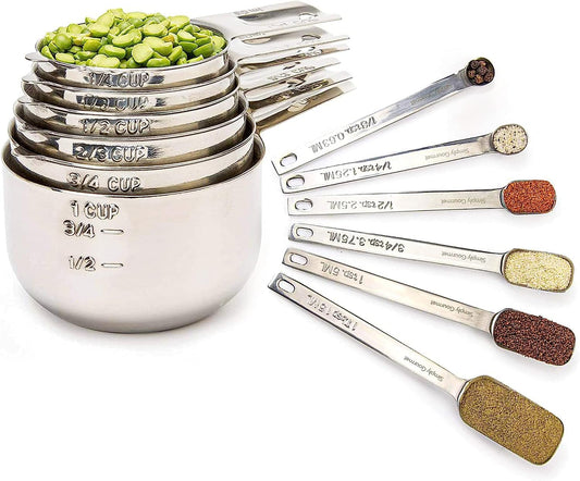 Simply Gourmet Measuring Cups and Spoons Set of 12 – 18/8 Stainless Steel Kitchen Gadgets – Stackable Design with Long