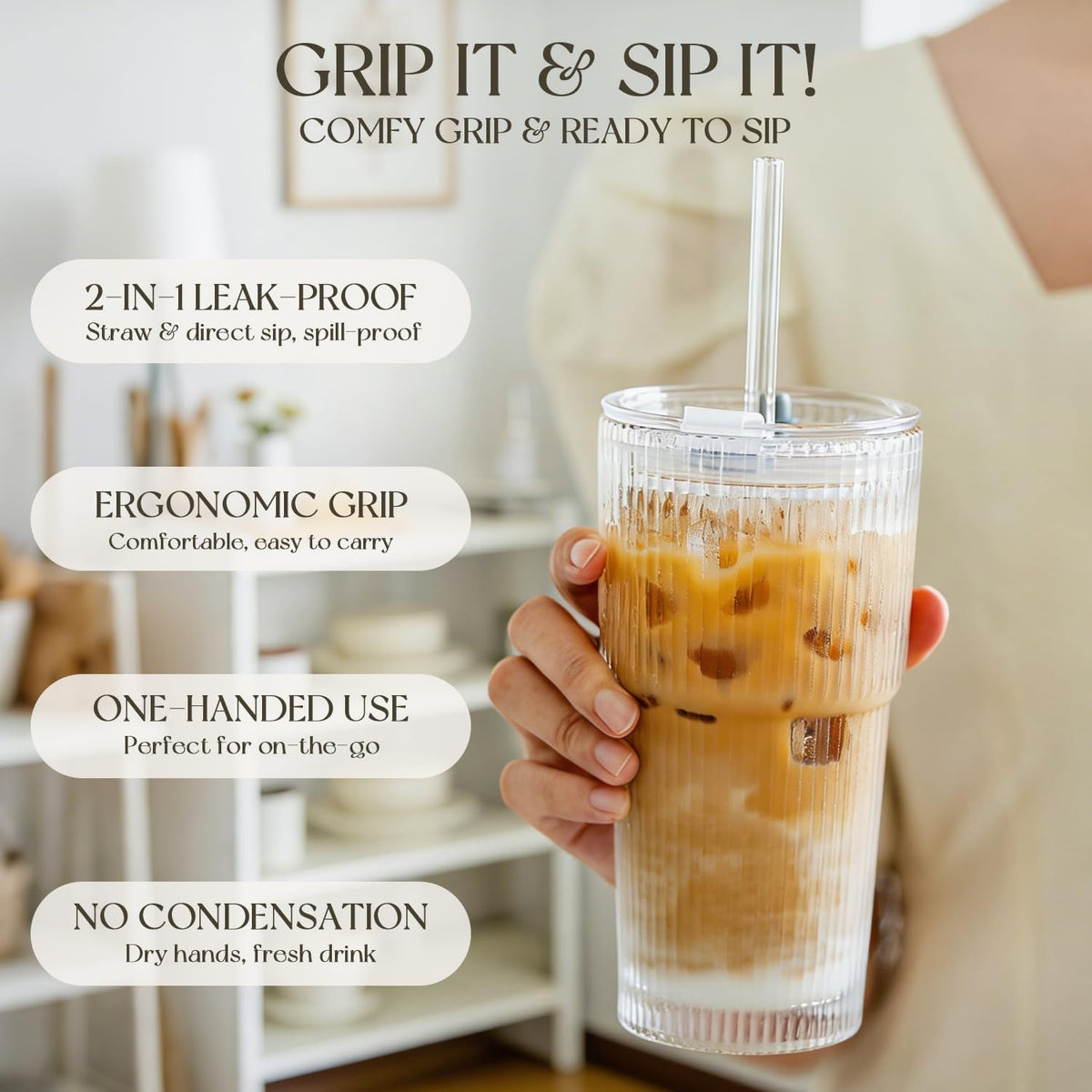 KEMORELA 20oz Ribbed Glass Tumblers with Lids and Straws,Iced Coffee Cups | Reusable thick-wall glass, Leak-Proof Lids, Fits Most Car Cup Holders, For Iced Coffee and Cold Drinks, With Cleaning Brush