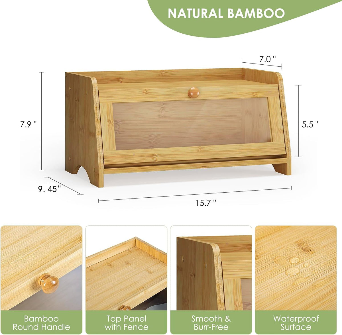 Bread Box for Kitchen Countertop, Large Bread Container Storage, Wooden Farmhouse Bread Box with Window Bread Holder (Natural Bamboo)