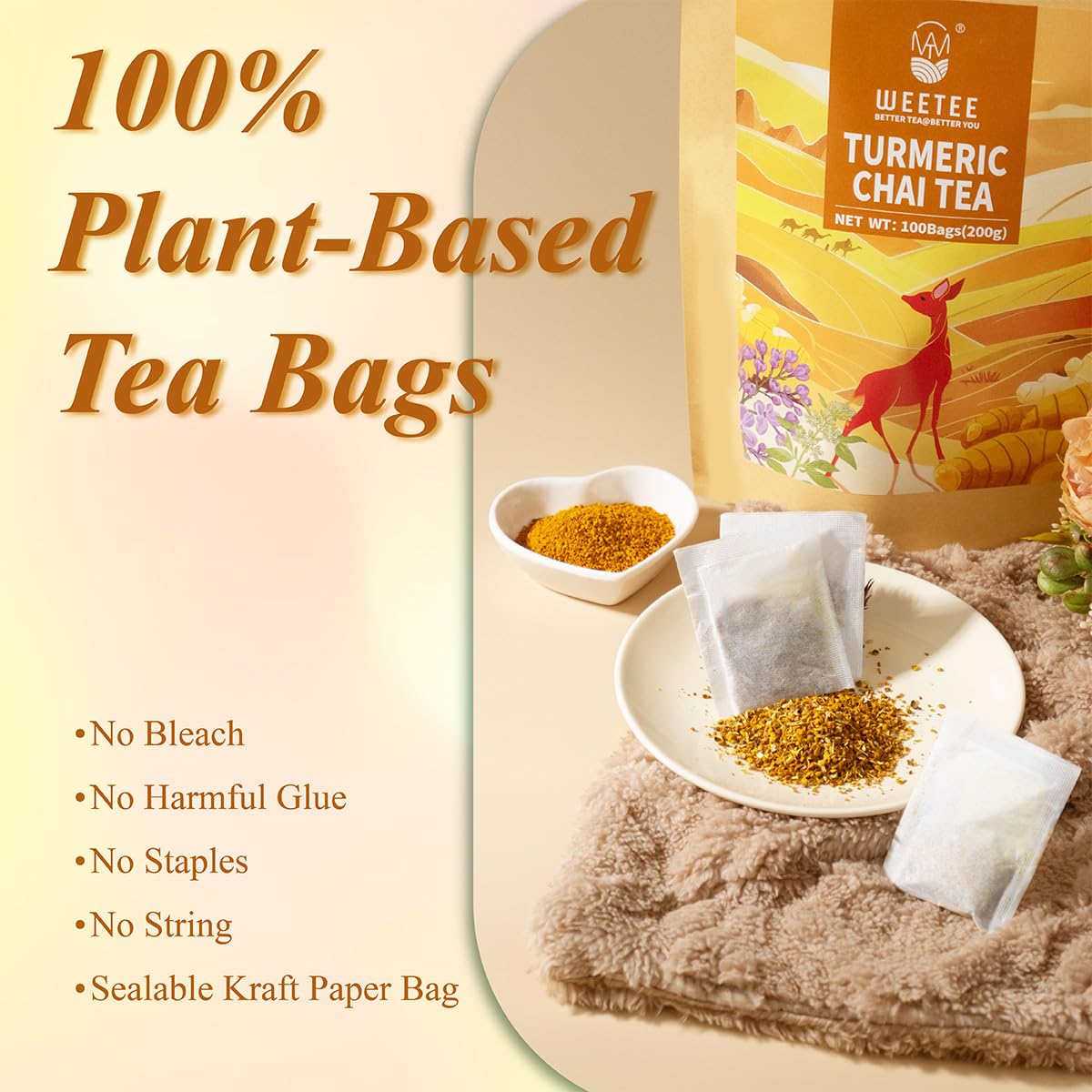 WT WEETEE Turmeric Chai Tea Bags 100 Count, Caffeine-Free Ginger Spiced Tea | Warming &amp; Spicy Spice Herbal Blend with Real Cinnamon, Cardamom &amp; Black Pepper | Smooth, Balanced &amp; Naturally Sweet